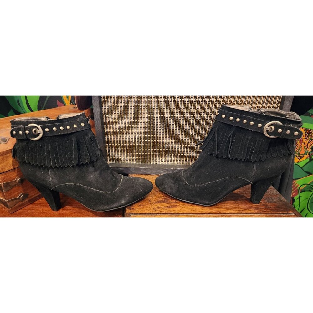 Madeline Women's Black Suede Fringe Ankle Boots With Studded Buckle & 3" Heels